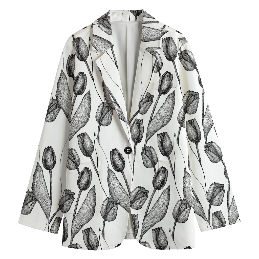 Black And White Tulip Pattern Print Women's Cotton Blazer