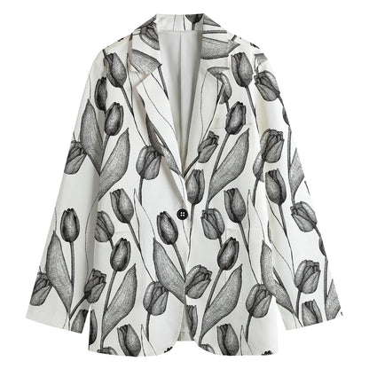 Black And White Tulip Pattern Print Women's Cotton Blazer