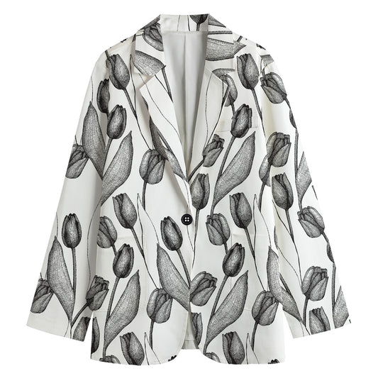 Black And White Tulip Pattern Print Women's Cotton Blazer