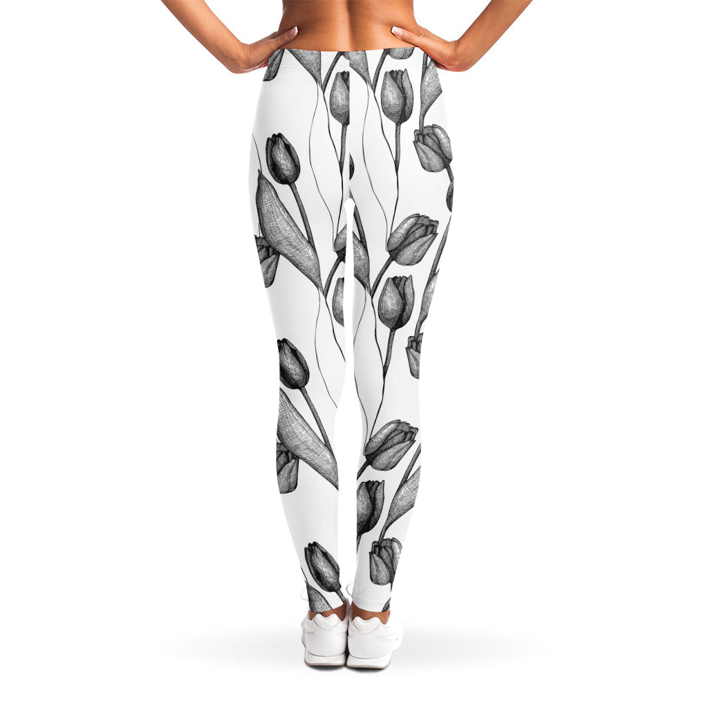 Black And White Tulip Pattern Print Women's Leggings