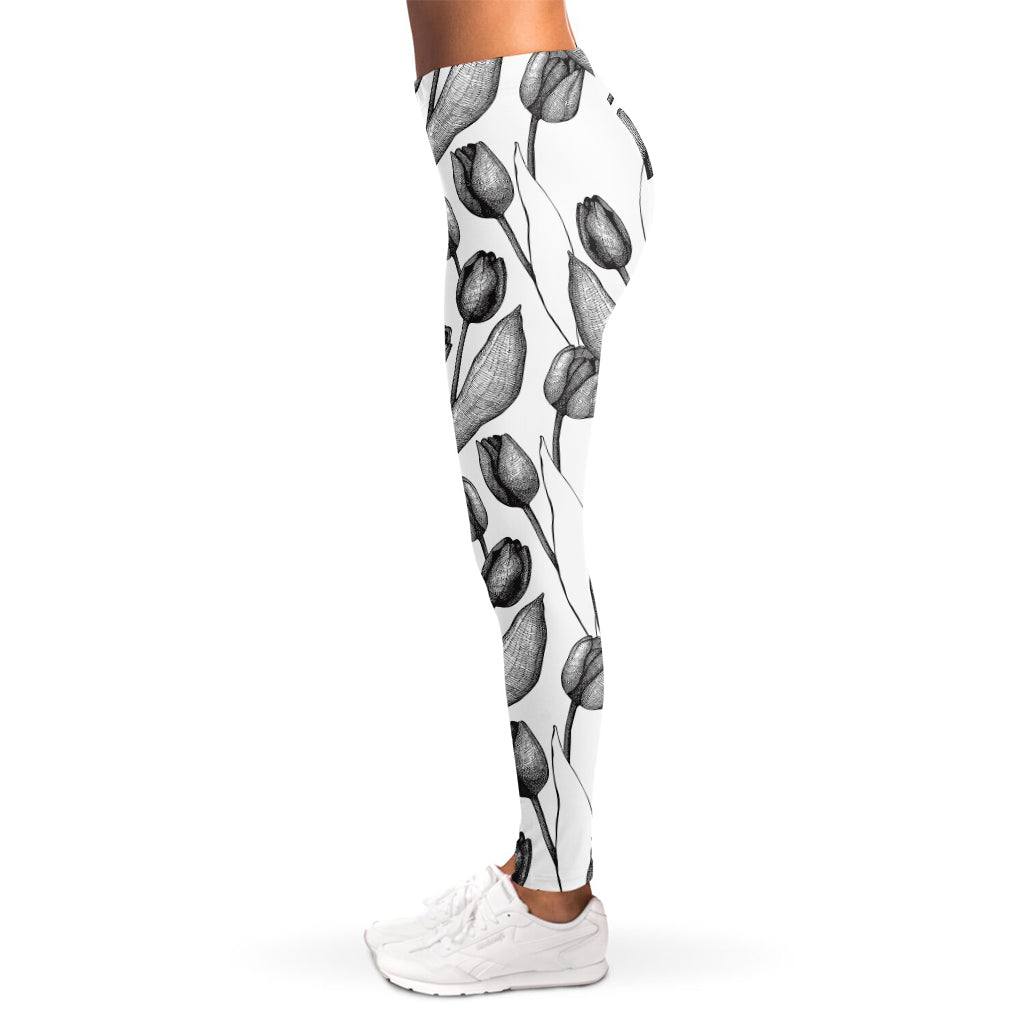 Black And White Tulip Pattern Print Women's Leggings