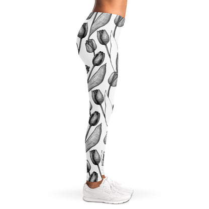 Black And White Tulip Pattern Print Women's Leggings