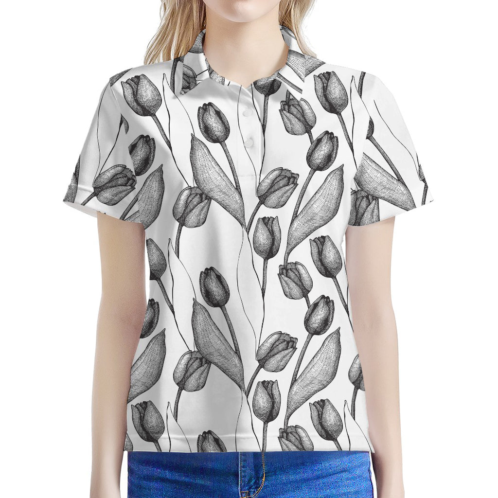 Black And White Tulip Pattern Print Women's Polo Shirt