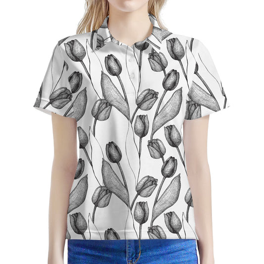 Black And White Tulip Pattern Print Women's Polo Shirt