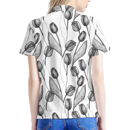 Black And White Tulip Pattern Print Women's Polo Shirt