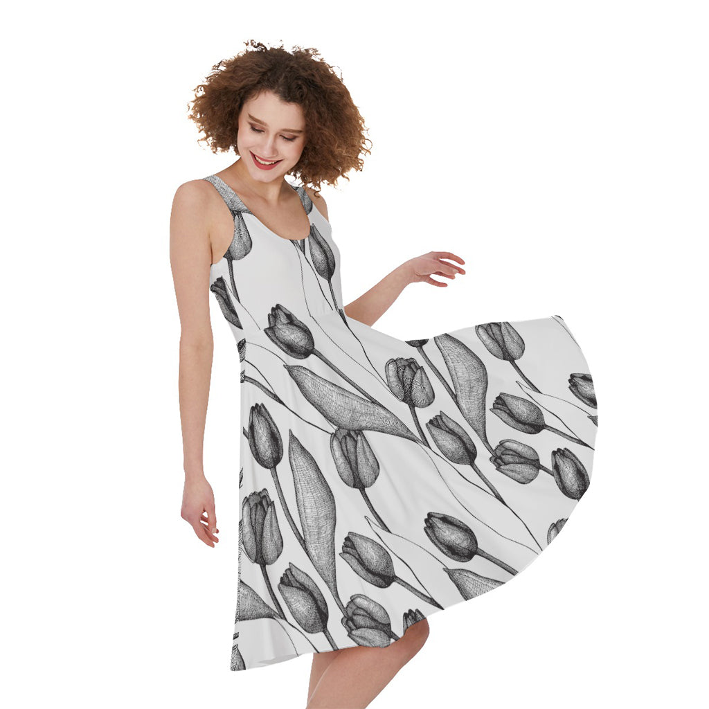 Black And White Tulip Pattern Print Women's Sleeveless Dress