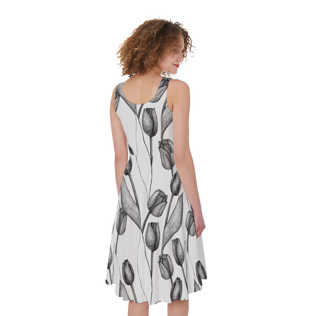 Black And White Tulip Pattern Print Women's Sleeveless Dress