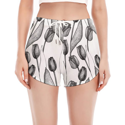 Black And White Tulip Pattern Print Women's Split Running Shorts