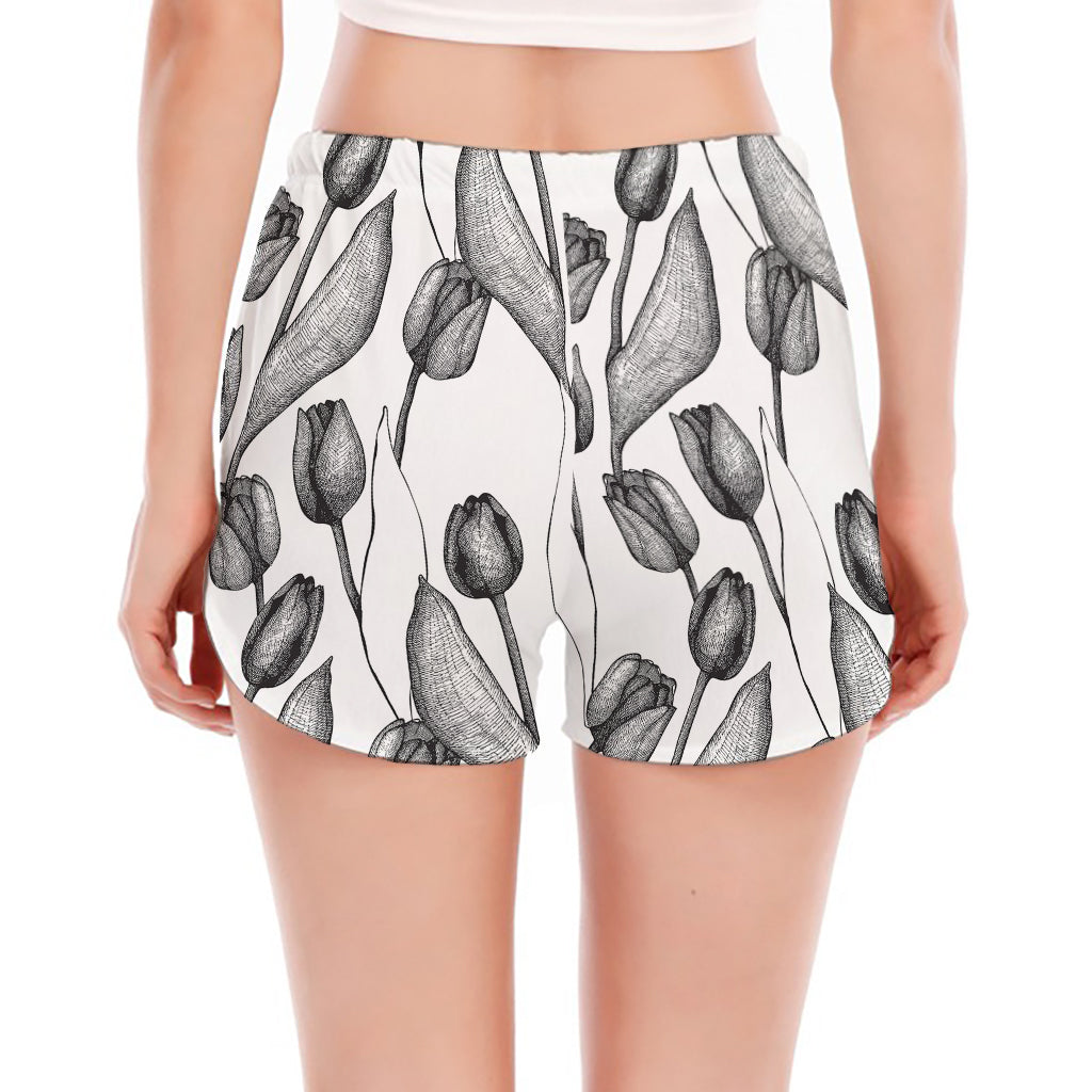 Black And White Tulip Pattern Print Women's Split Running Shorts