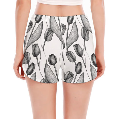 Black And White Tulip Pattern Print Women's Split Running Shorts