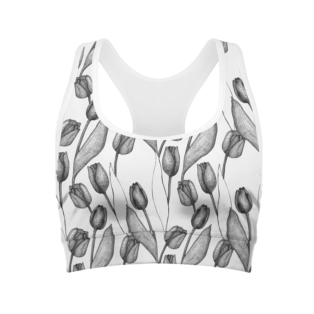 Black And White Tulip Pattern Print Women's Sports Bra