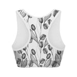 Black And White Tulip Pattern Print Women's Sports Bra