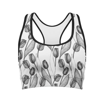 Black And White Tulip Pattern Print Women's Sports Bra