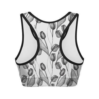 Black And White Tulip Pattern Print Women's Sports Bra