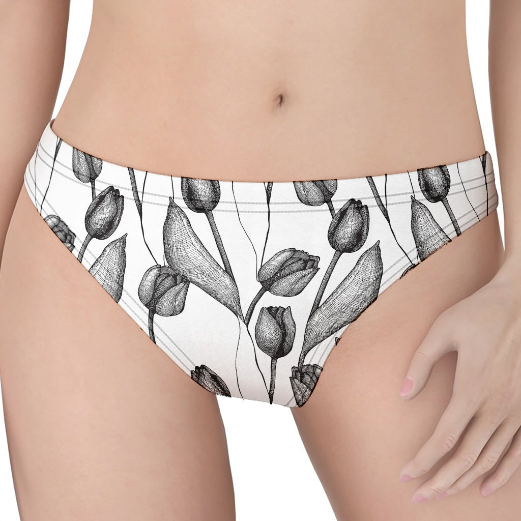 Black And White Tulip Pattern Print Women's Thong