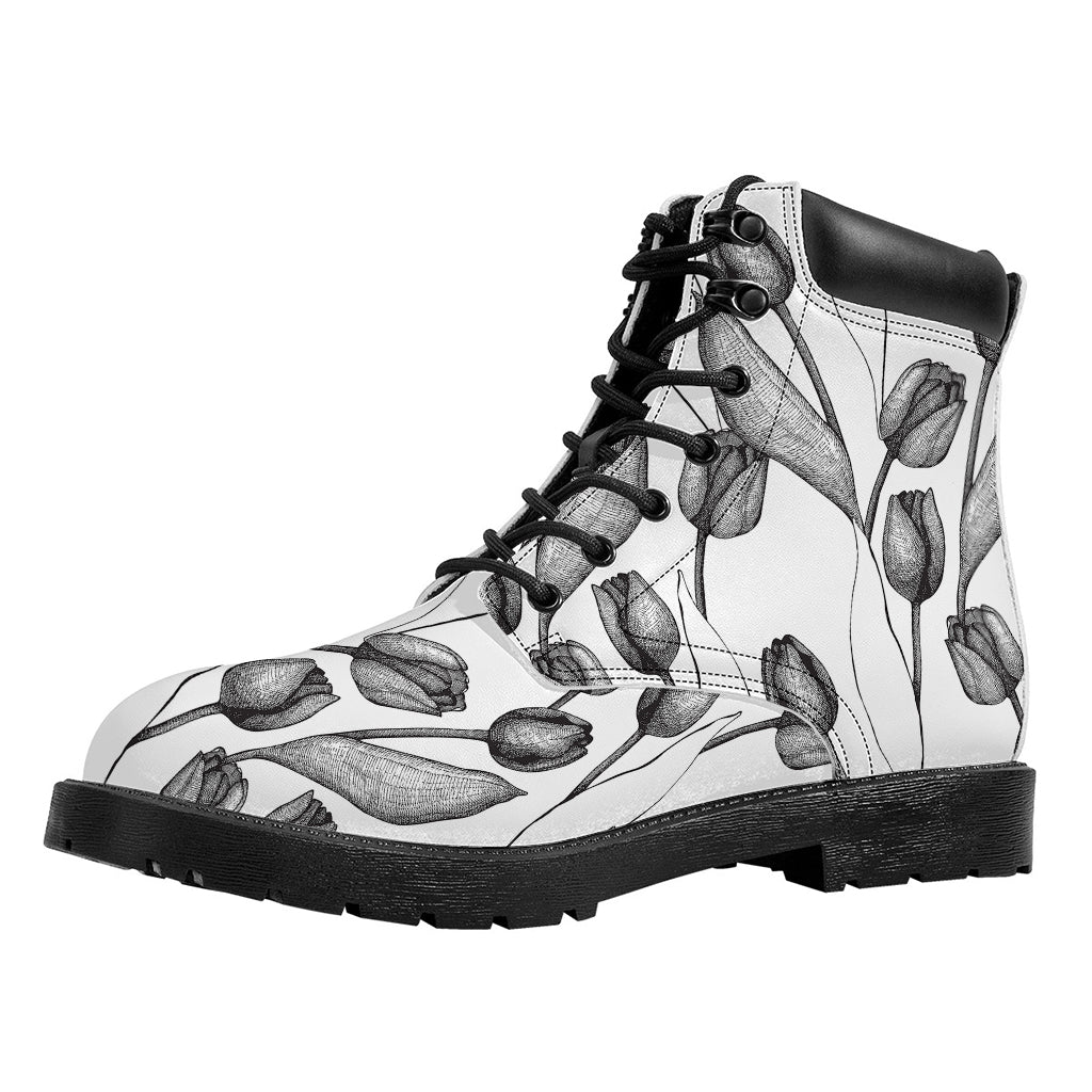 Black And White Tulip Pattern Print Work Boots