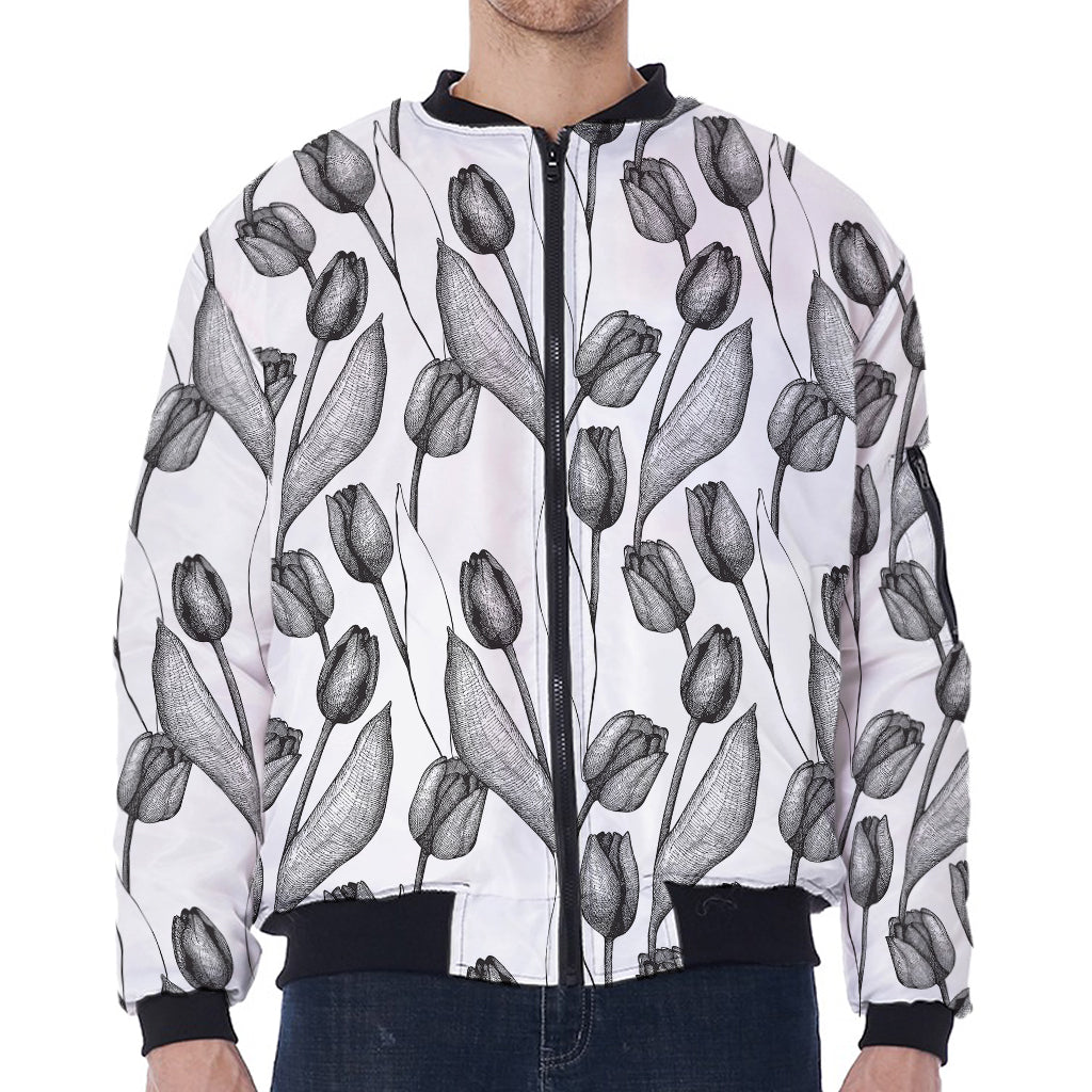 Black And White Tulip Pattern Print Zip Sleeve Bomber Jacket