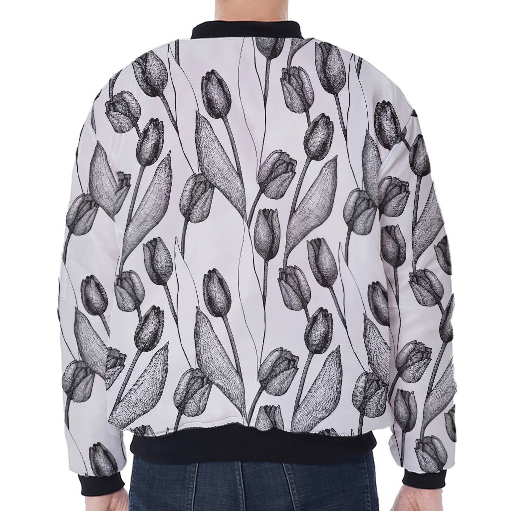 Black And White Tulip Pattern Print Zip Sleeve Bomber Jacket