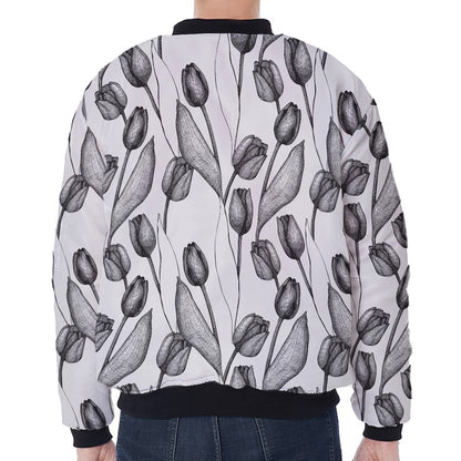 Black And White Tulip Pattern Print Zip Sleeve Bomber Jacket