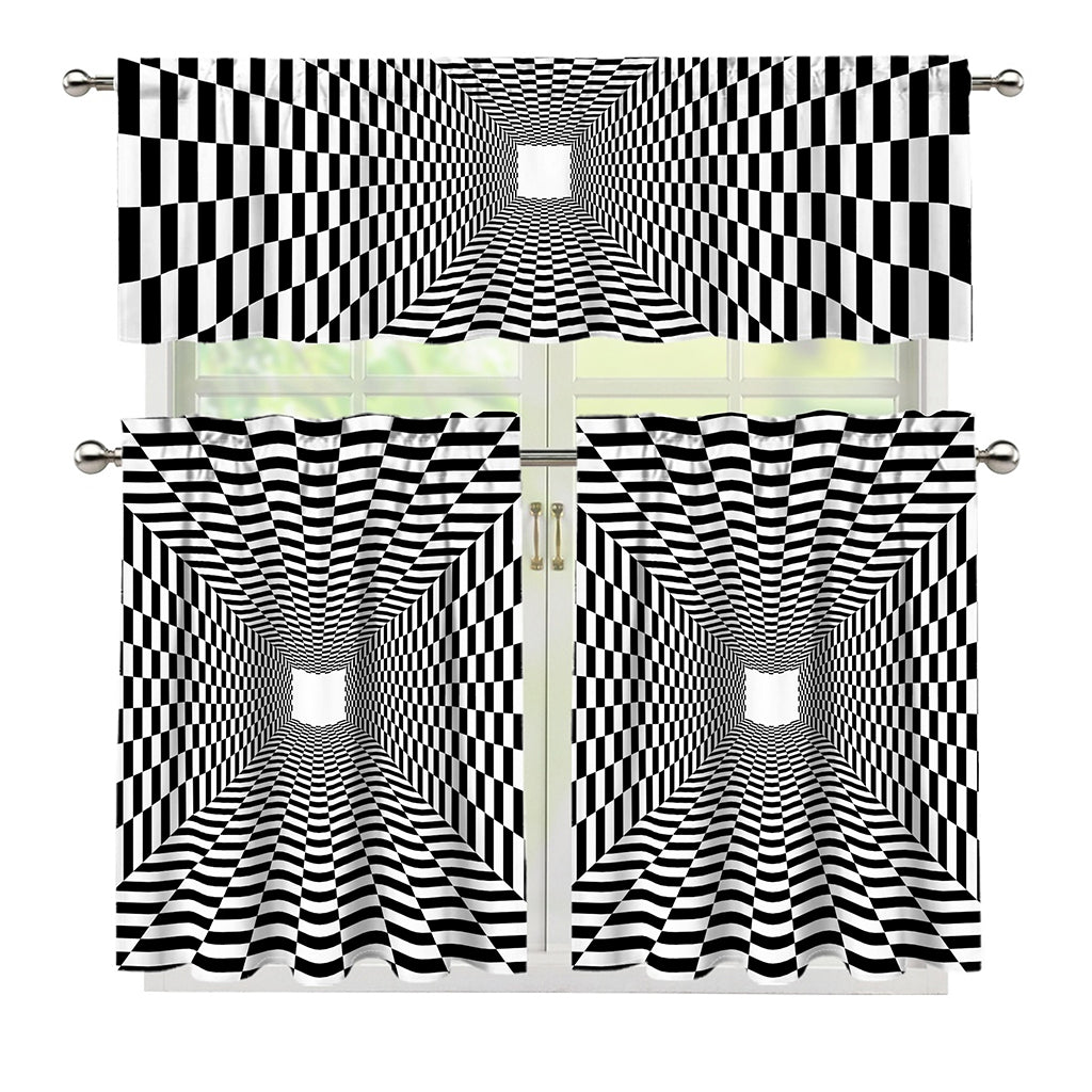 Black And White Tunnel Illusion Print 3 Piece Kitchen Curtains