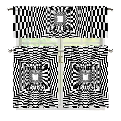 Black And White Tunnel Illusion Print 3 Piece Kitchen Curtains