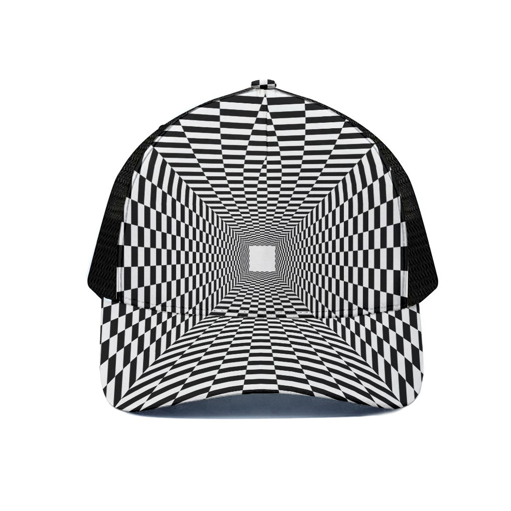 Black And White Tunnel Illusion Print Black Mesh Trucker Cap