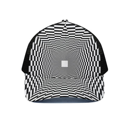 Black And White Tunnel Illusion Print Black Mesh Trucker Cap
