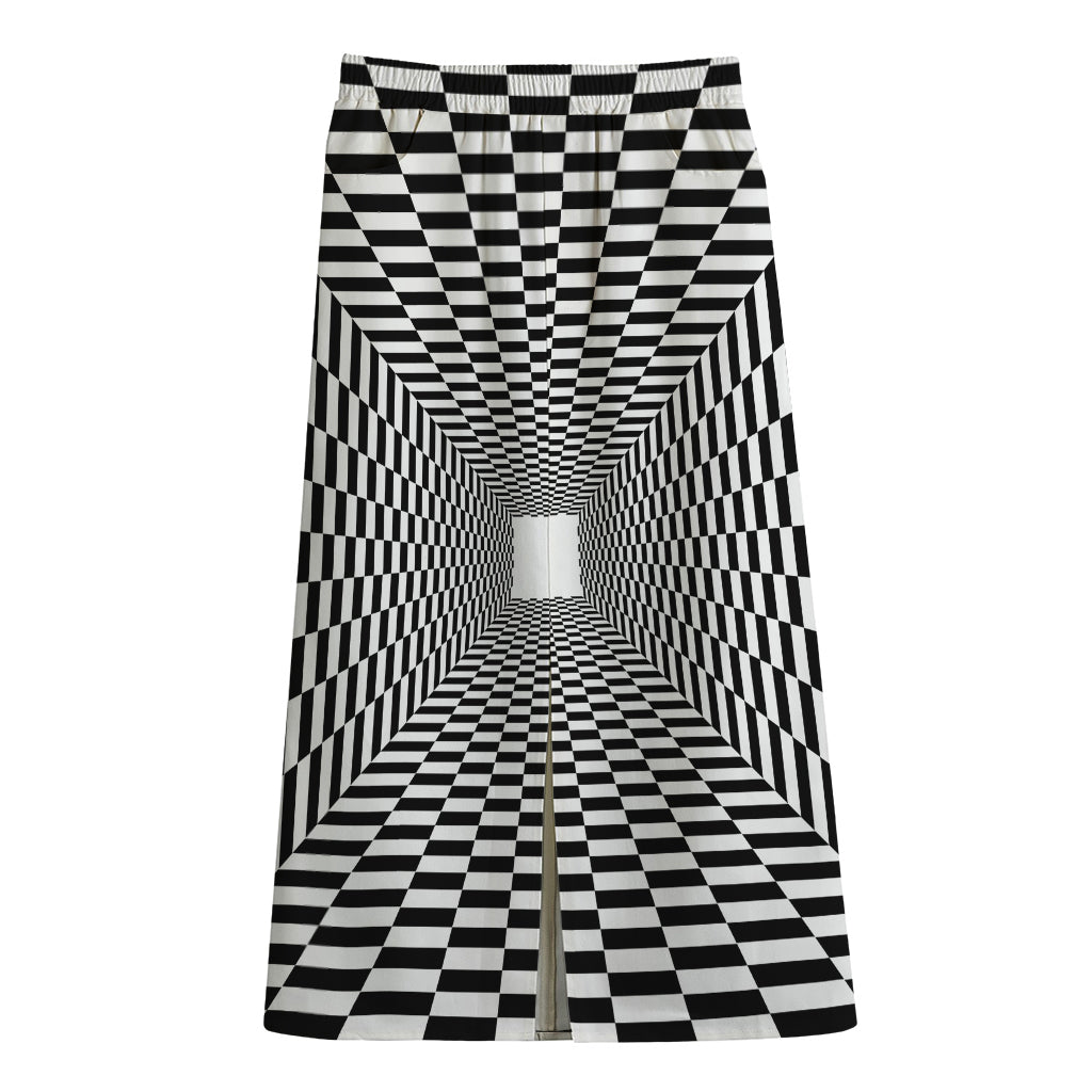 Black And White Tunnel Illusion Print Cotton Front Slit Maxi Skirt