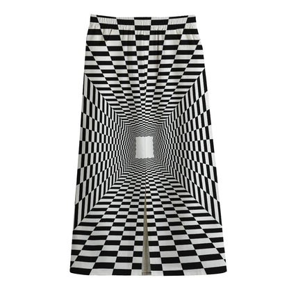 Black And White Tunnel Illusion Print Cotton Front Slit Maxi Skirt