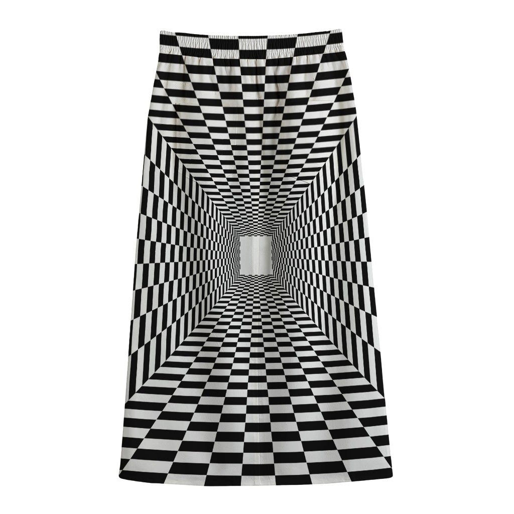 Black And White Tunnel Illusion Print Cotton Front Slit Maxi Skirt