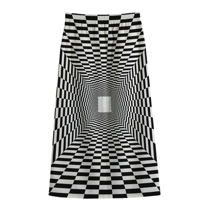 Black And White Tunnel Illusion Print Cotton Front Slit Maxi Skirt