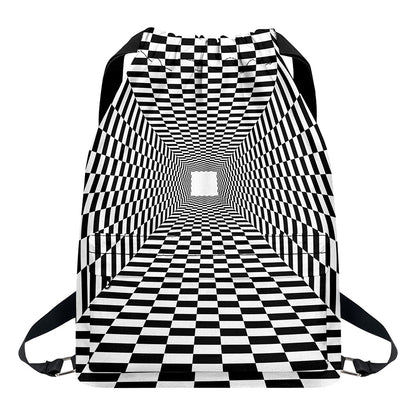 Black And White Tunnel Illusion Print Drawstring Backpack