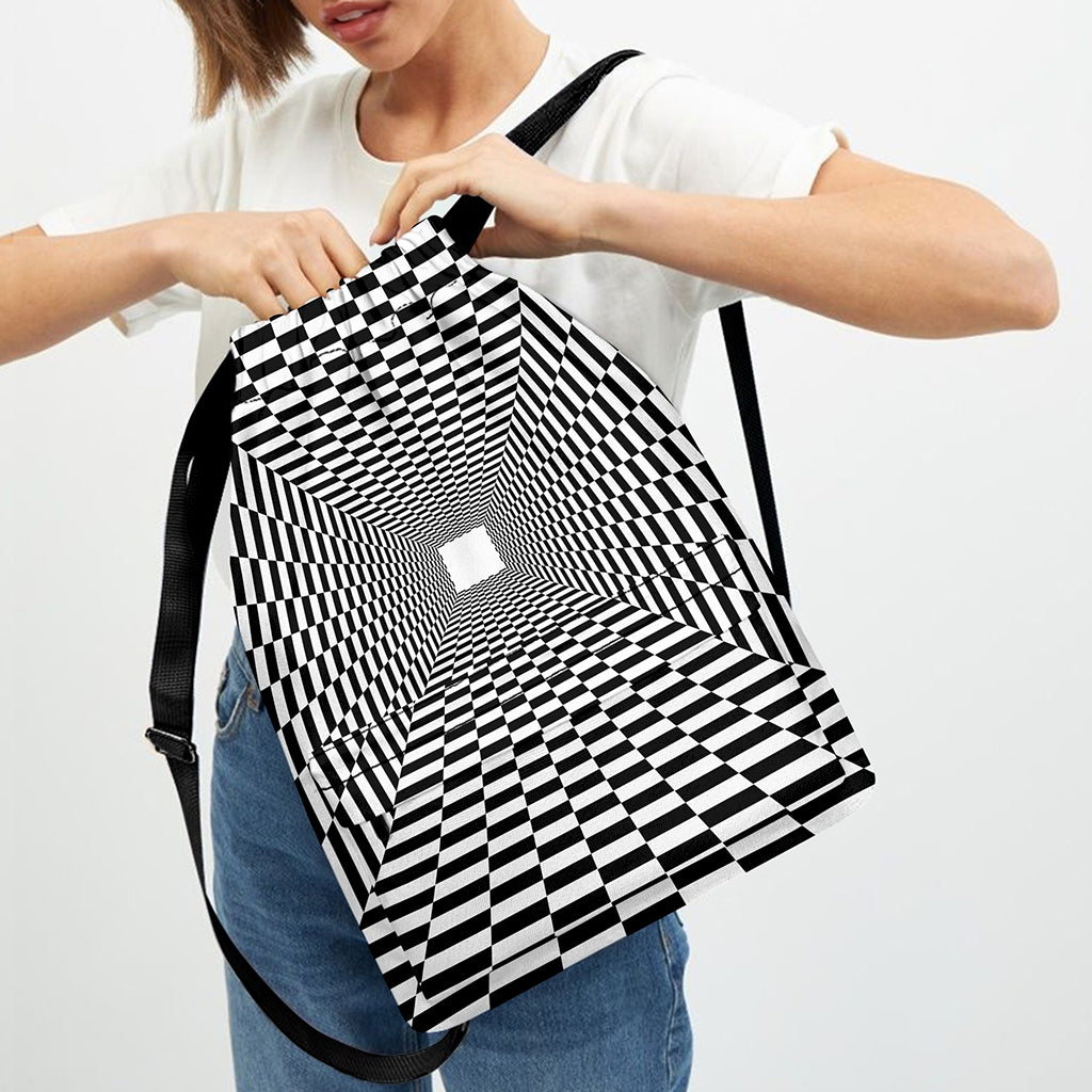 Black And White Tunnel Illusion Print Drawstring Backpack