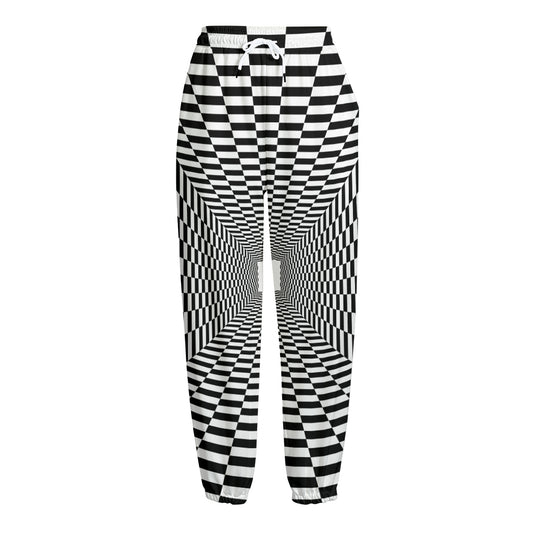 Black And White Tunnel Illusion Print Fleece Lined Knit Pants