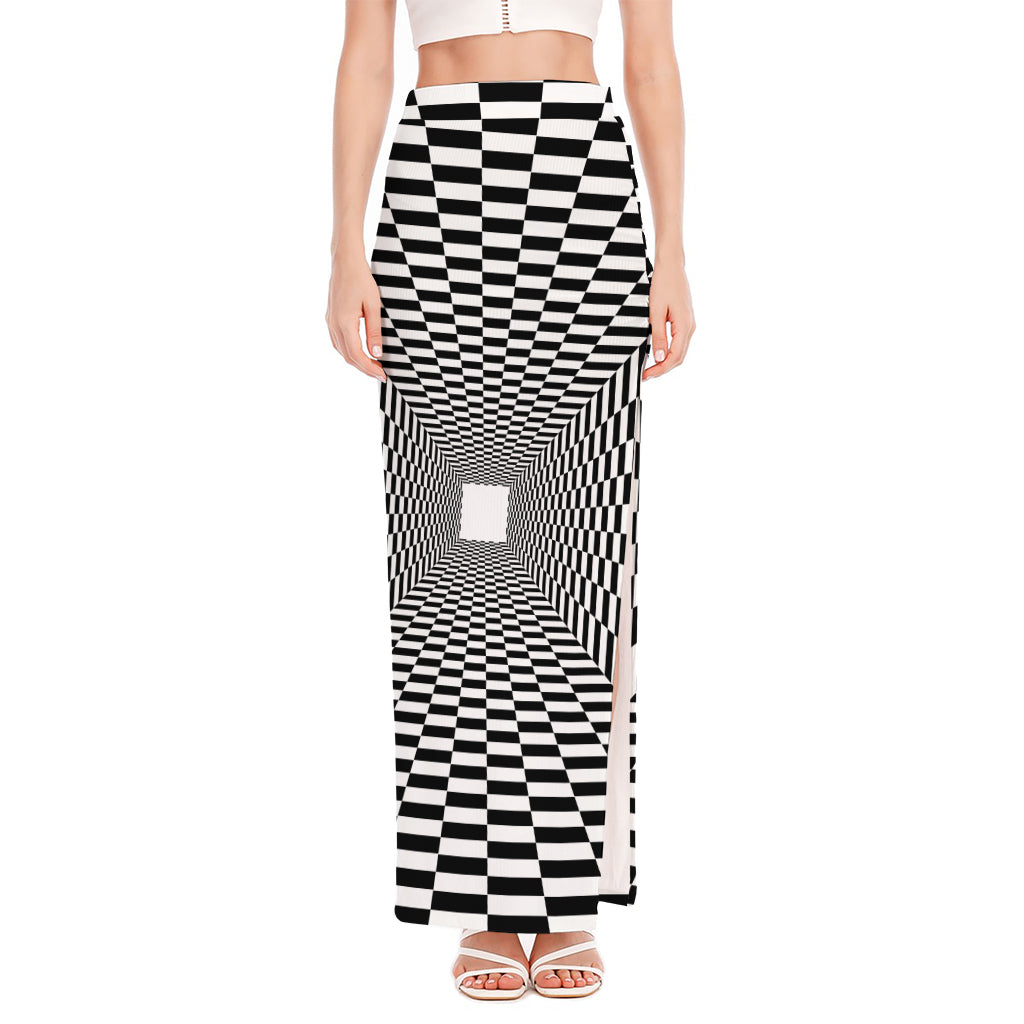 Black And White Tunnel Illusion Print High Slit Maxi Skirt