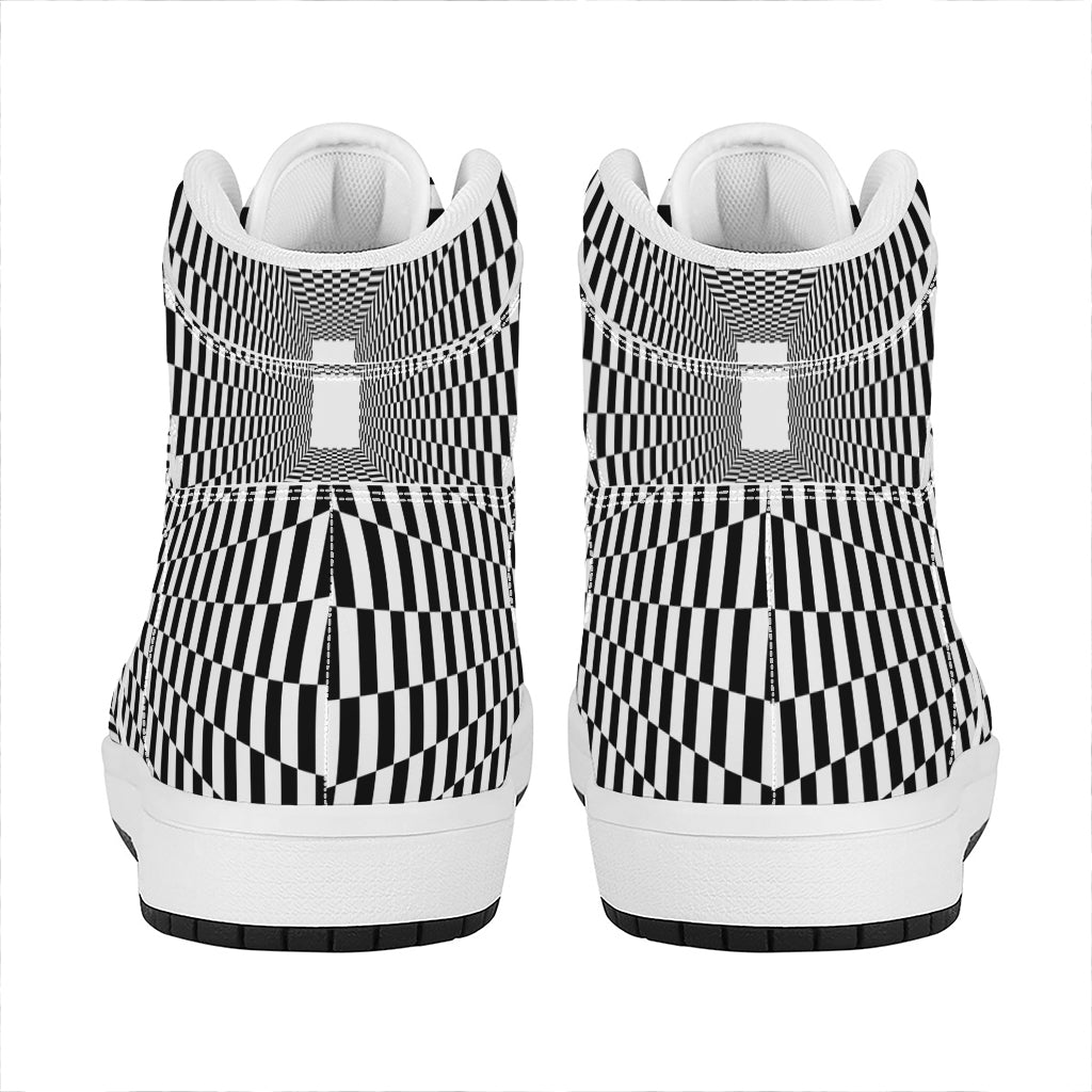 Black And White Tunnel Illusion Print High Top Leather Sneakers