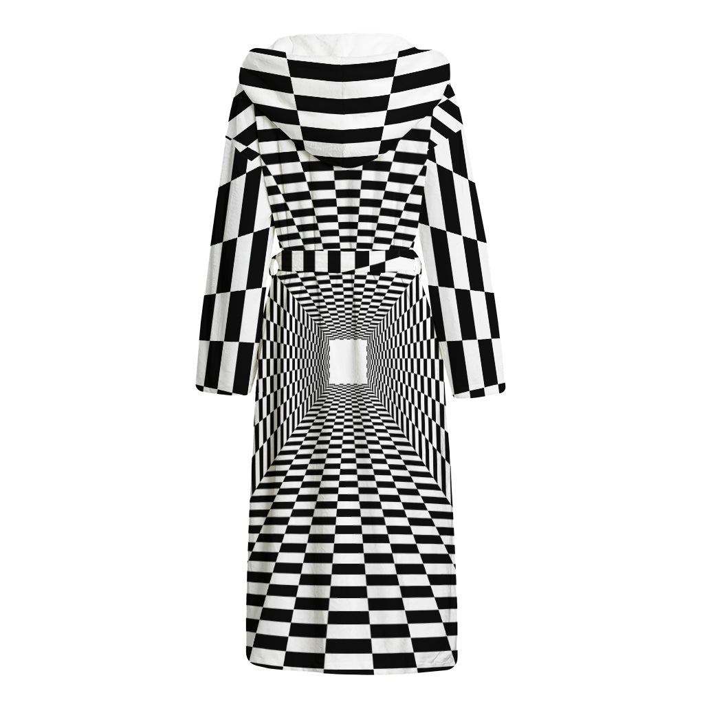 Black And White Tunnel Illusion Print Hooded Bathrobe