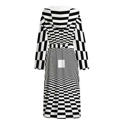 Black And White Tunnel Illusion Print Hooded Bathrobe