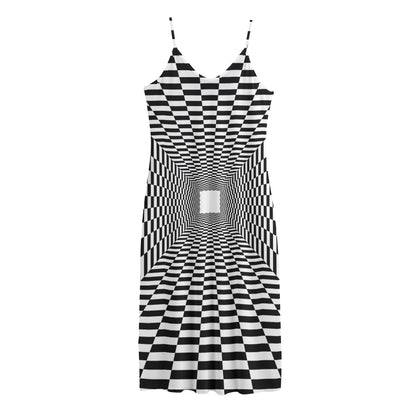 Black And White Tunnel Illusion Print Jersey Midi Cami Dress