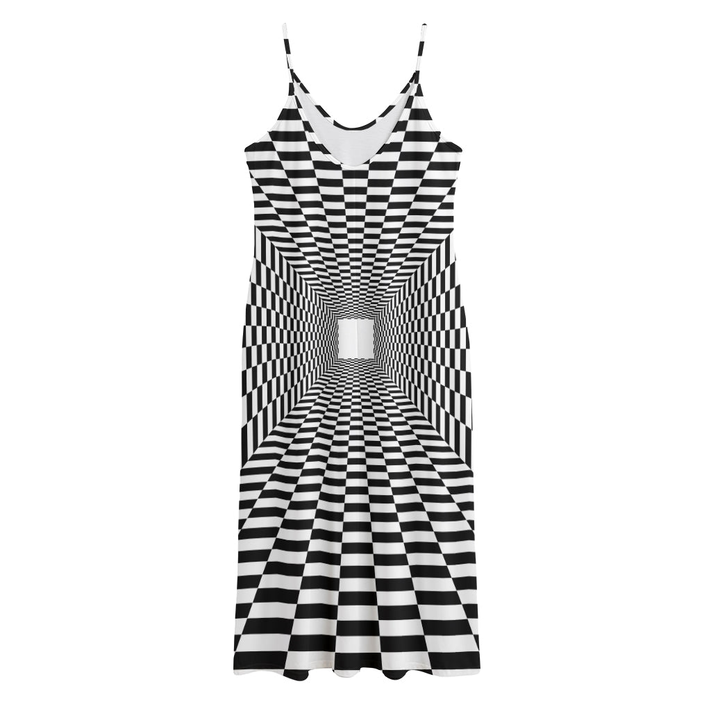 Black And White Tunnel Illusion Print Jersey Midi Cami Dress