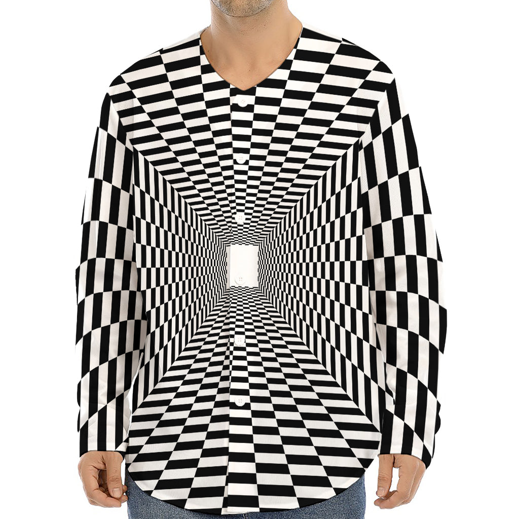 Black And White Tunnel Illusion Print Long Sleeve Baseball Jersey