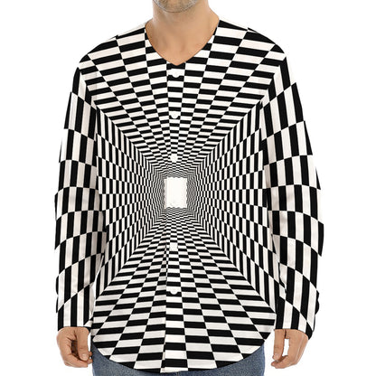 Black And White Tunnel Illusion Print Long Sleeve Baseball Jersey