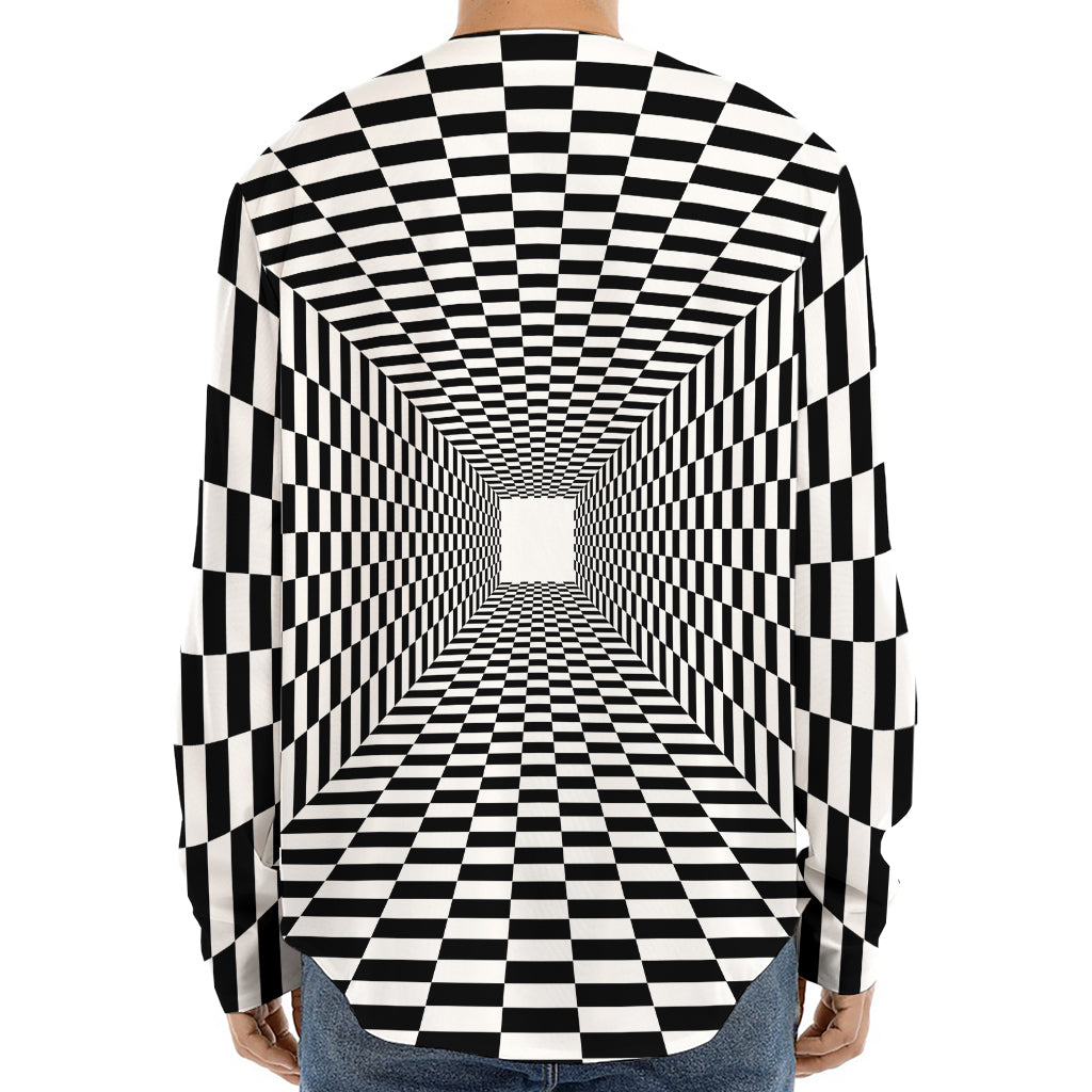 Black And White Tunnel Illusion Print Long Sleeve Baseball Jersey