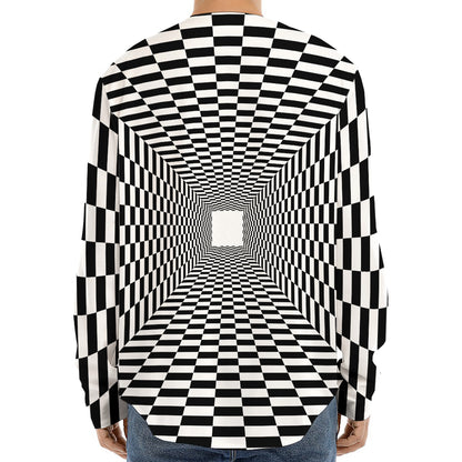 Black And White Tunnel Illusion Print Long Sleeve Baseball Jersey