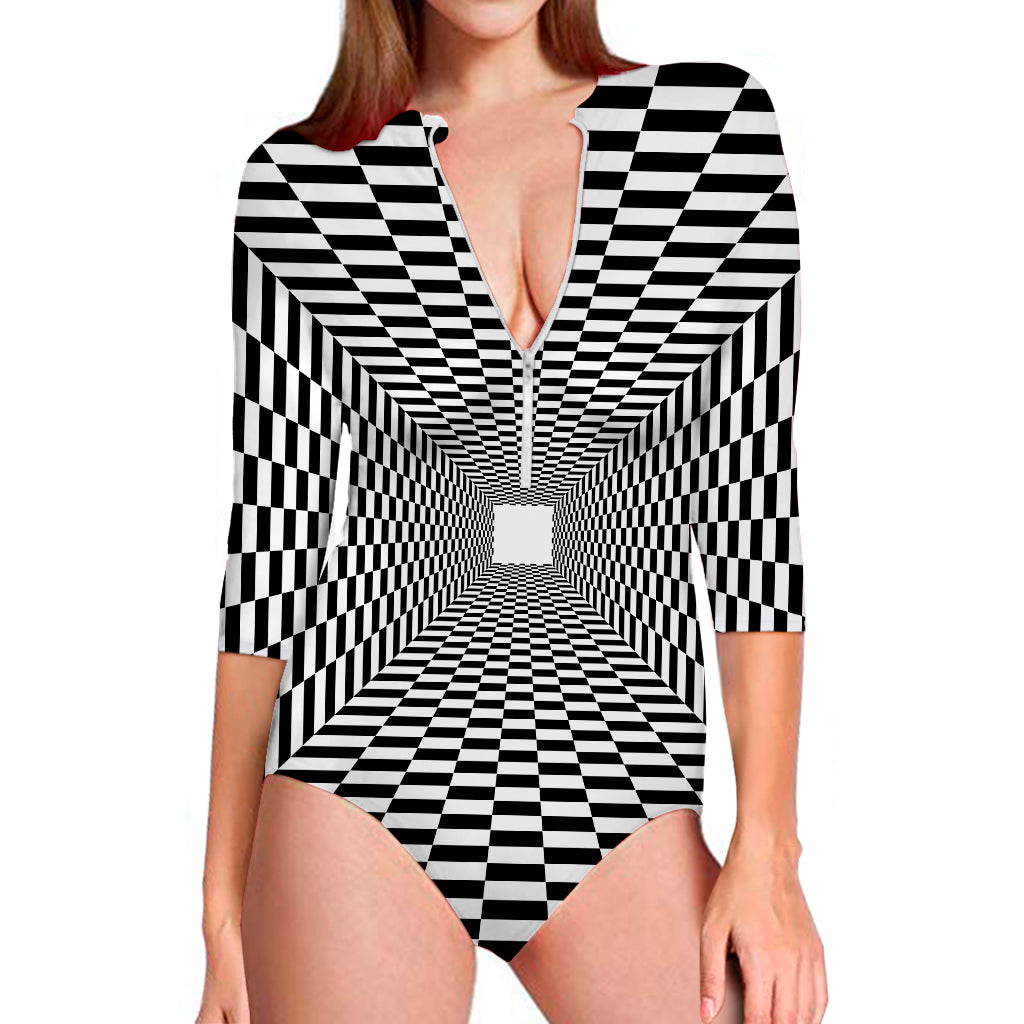 Black And White Tunnel Illusion Print Long Sleeve Swimsuit