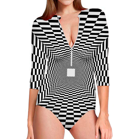 Black And White Tunnel Illusion Print Long Sleeve Swimsuit