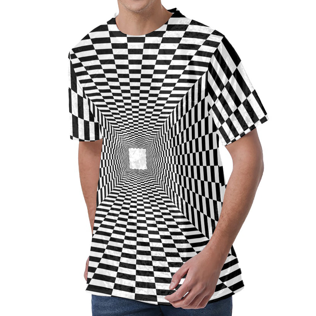 Black And White Tunnel Illusion Print Men's Velvet T-Shirt