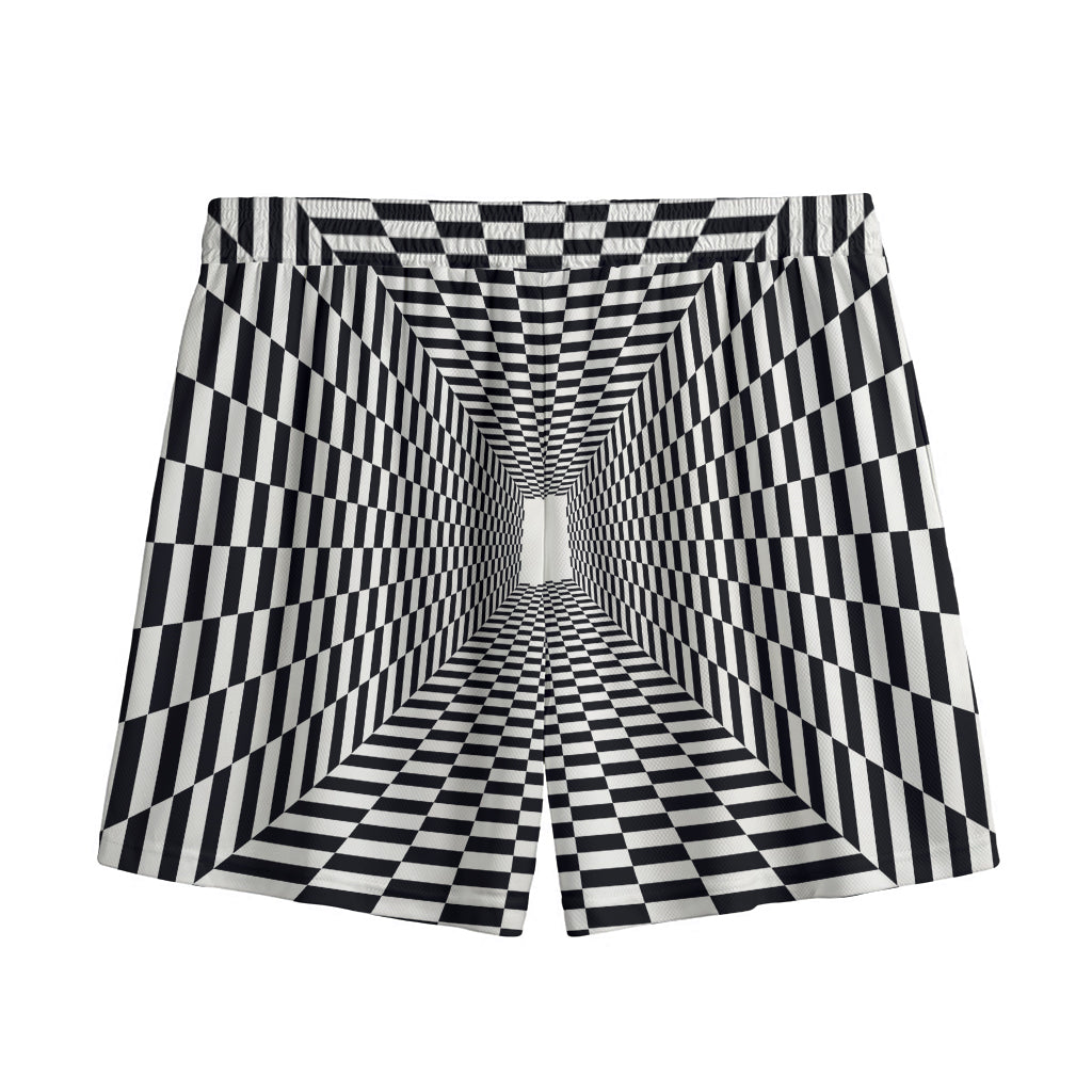 Black And White Tunnel Illusion Print Mesh Shorts