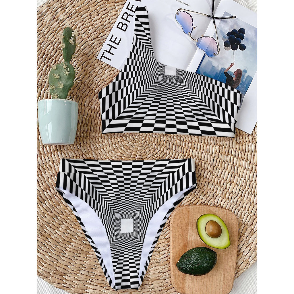 Black And White Tunnel Illusion Print One Shoulder Bikini Top
