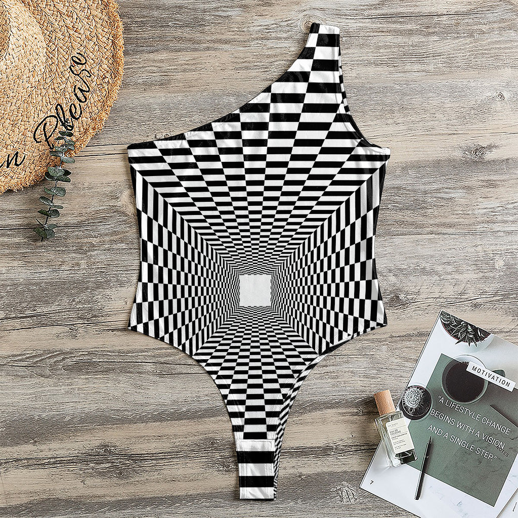 Black And White Tunnel Illusion Print One Shoulder Bodysuit